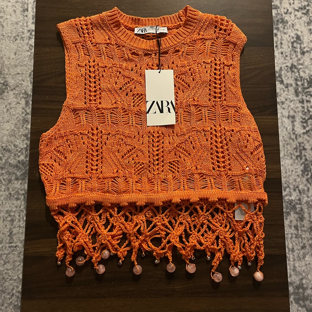 Zara Orange Cropped Knit Fringe Beaded Tank Top